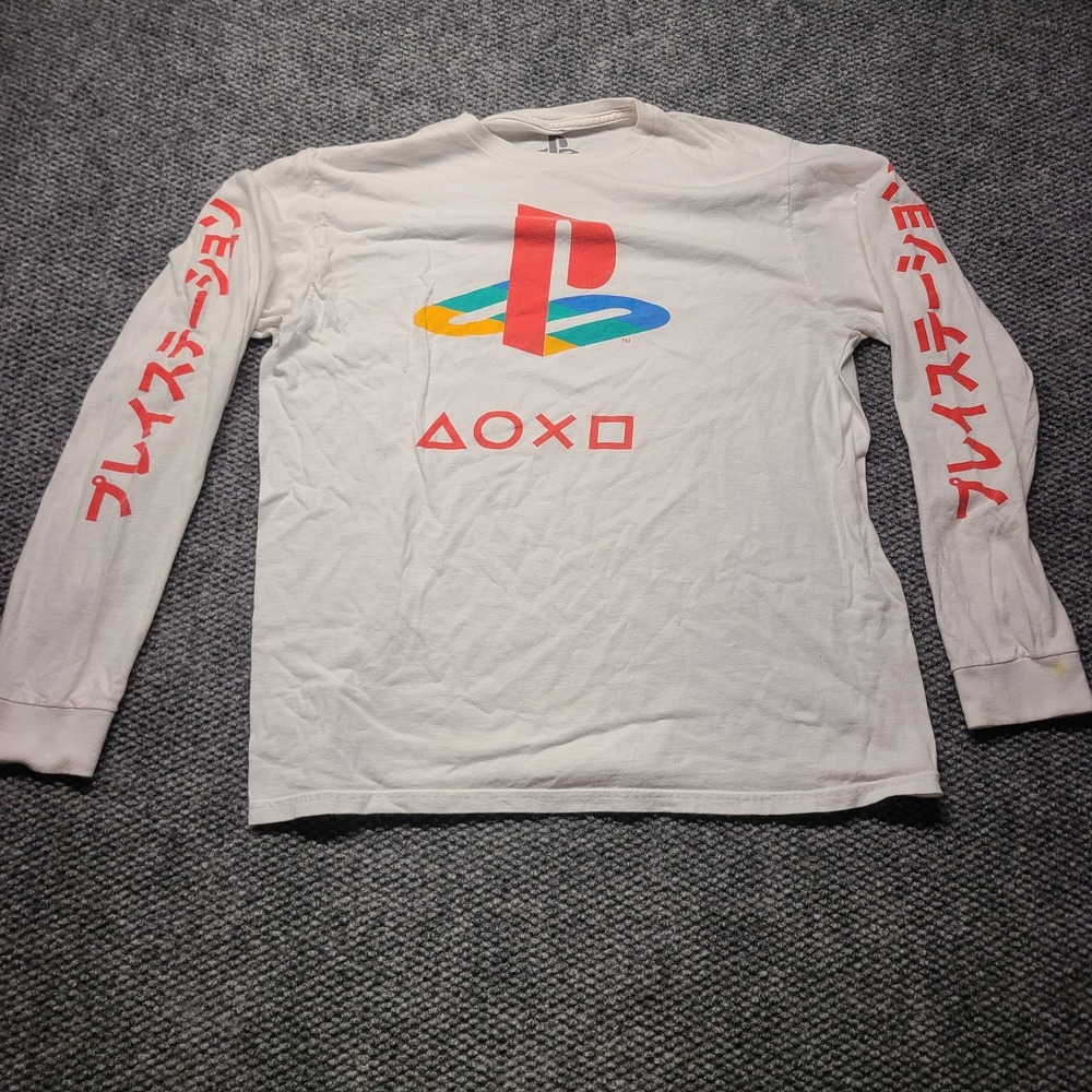 PlayStation Men's Long Sleeve Graphic T-Shirt White Large Cotton Gaming Logo